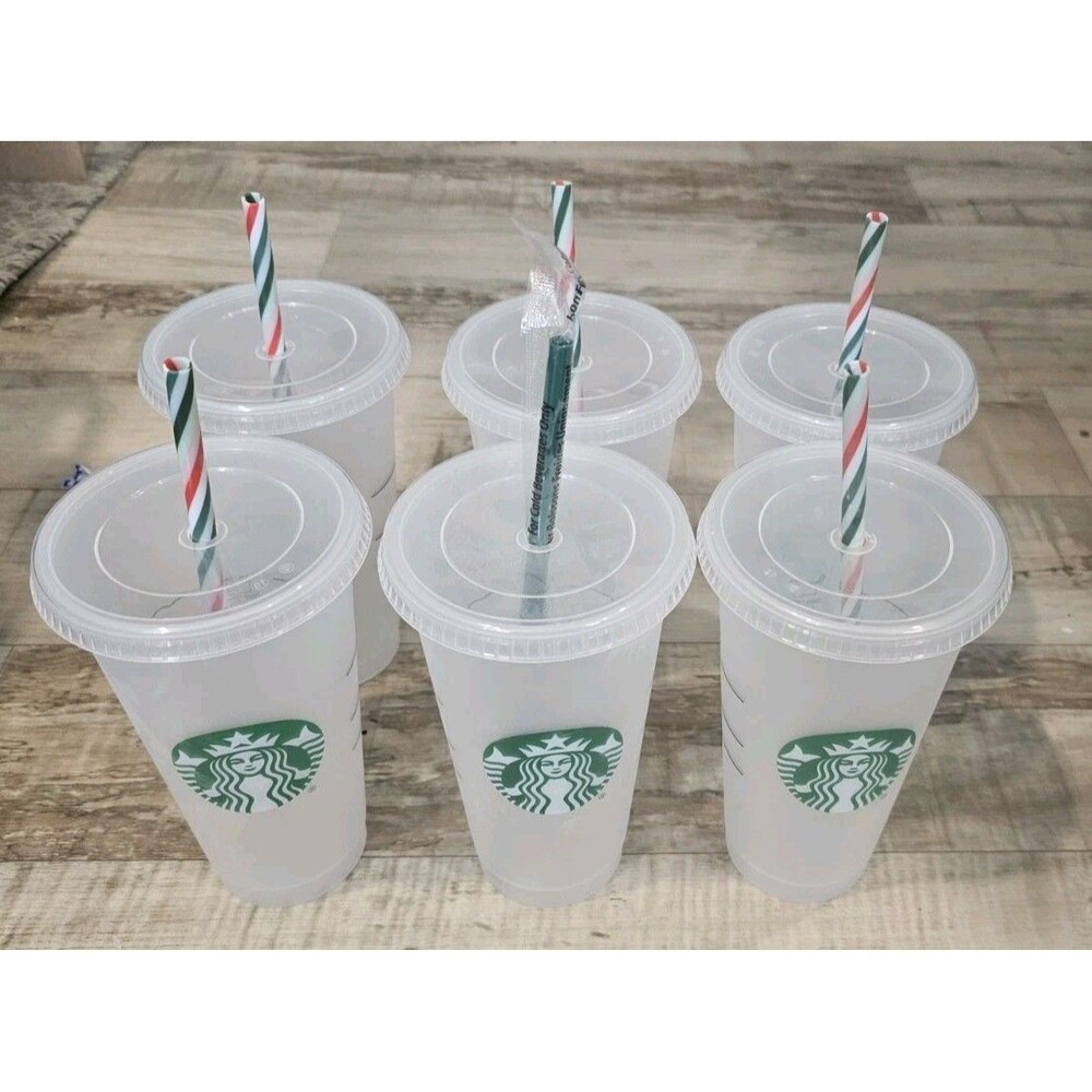6 Pack Starbucks Reusable Clear Holiday Straw Frost Cold Cup Tumbler 24 Oz - Picture 1 of 2